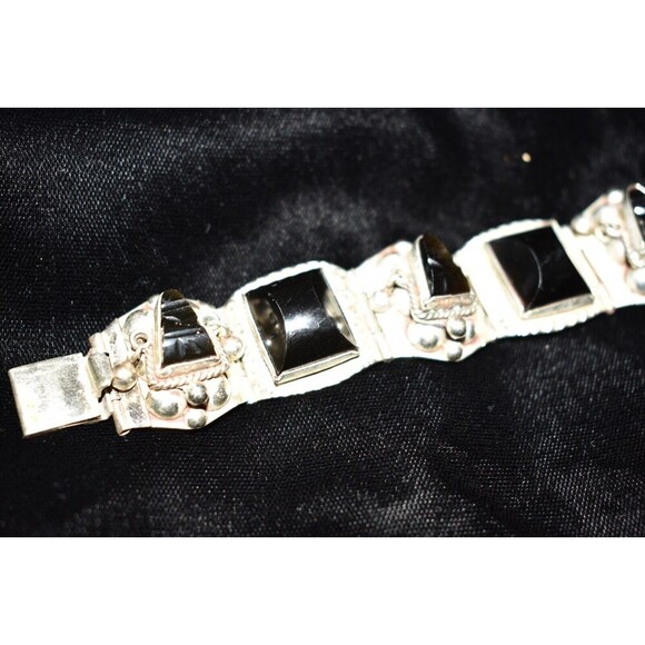 Vintage Aztec Mask Bracelet Black Onyx Alpaca Silver Beautiful 7” made in Mexico - Picture 16 of 16